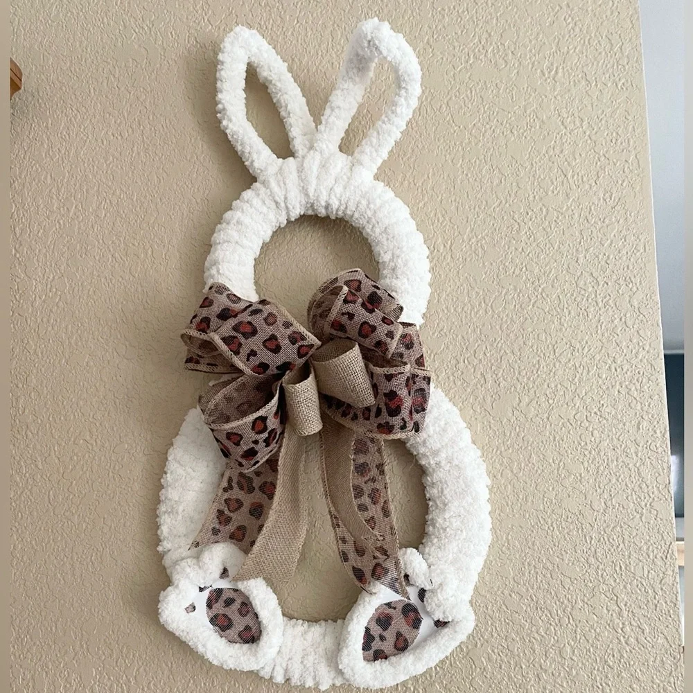 White Bunny Wreath with Leopard Bow. Super Cute!